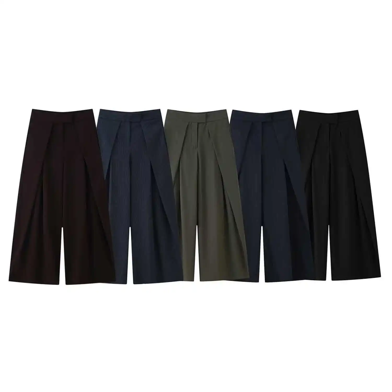 

Женские повседневные брюки для пригородных поездок, модные универсальные однотонные плиссированные широкие брюки, свободный низ со средней талией High Street