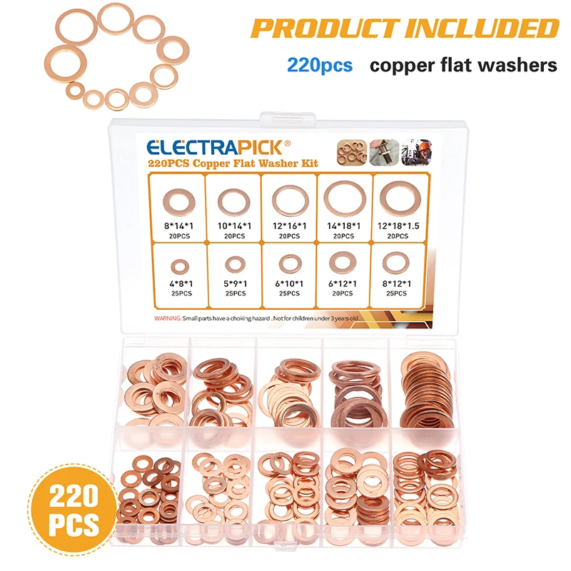 

220pcs Copper Washer Gasket Nut and Bolt Set Flat Ring Seal Assortment Kit with Box M4 M5 M6 M8 M10 M12 M14 for Sump Plugs