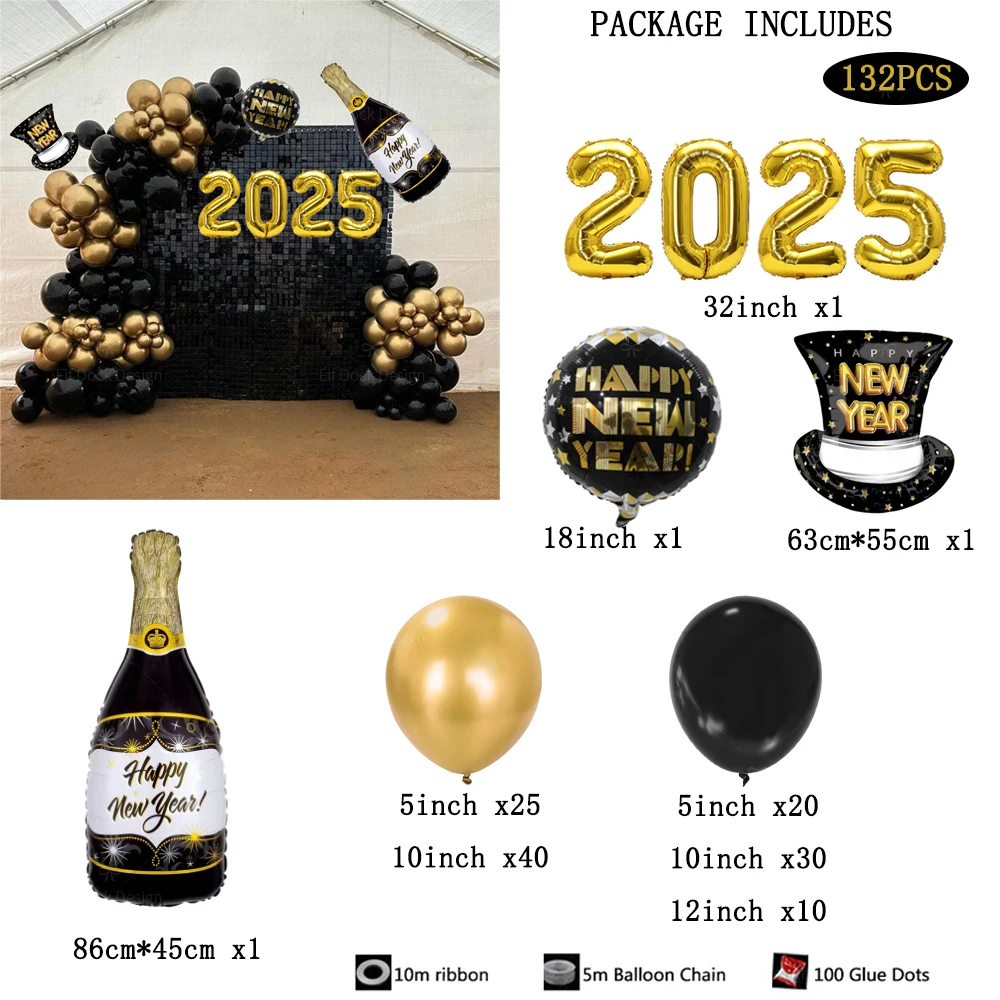 Happy New Year Gold 2025 Number Balloons Welcome the New Year 2025 Graduation Party Wedding Birthday Family Party Decorations