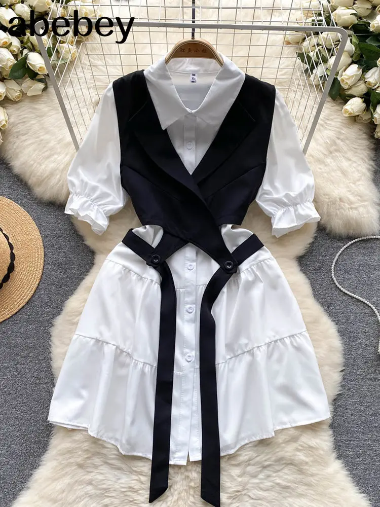 Japanese Style Woman Oversized Unique Two Piece Outfits Short Sleeve Casual Blouses Vest Set Feminine Shirt chemise femme