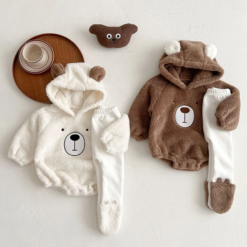 Autumn Winter Baby Clothes Set Cute Cartoon Bear Hoodie top + Soft Pants Baby Fleece Jumpsuit Warm Double-faced Celvet Wear