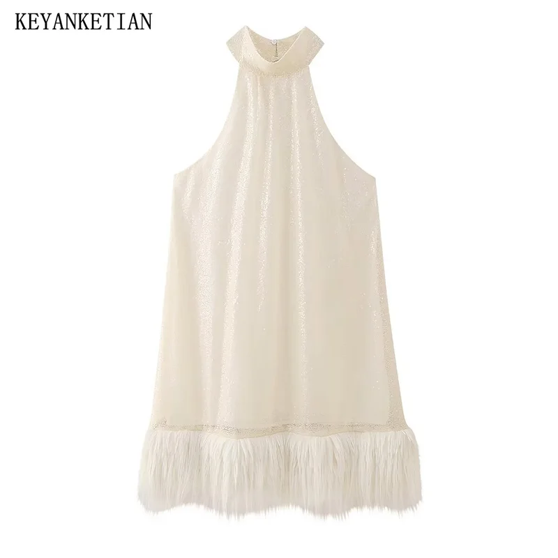 

KEYANKETIAN 2024 New Launch Women's Luxury Sequin Feather Decoration Sleeveless Mini Dress Elegant Formal Dress A-Line Sundress