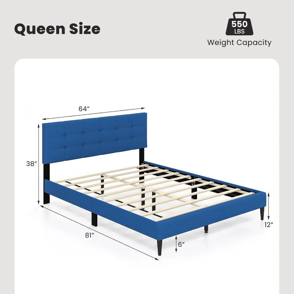 Giantex Queen Size Platform Bed Frame with Button Tufted Headboard and Wooden Slats, Modern Fabric Linen Upholstered Mattress