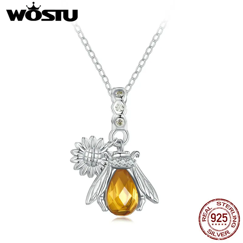 WOSTU Real 925 Sterling Brazil Citrine Crystal Honeybee Daisy Pendant Necklace For Women Wedding Party Bridal Gift Wholesale