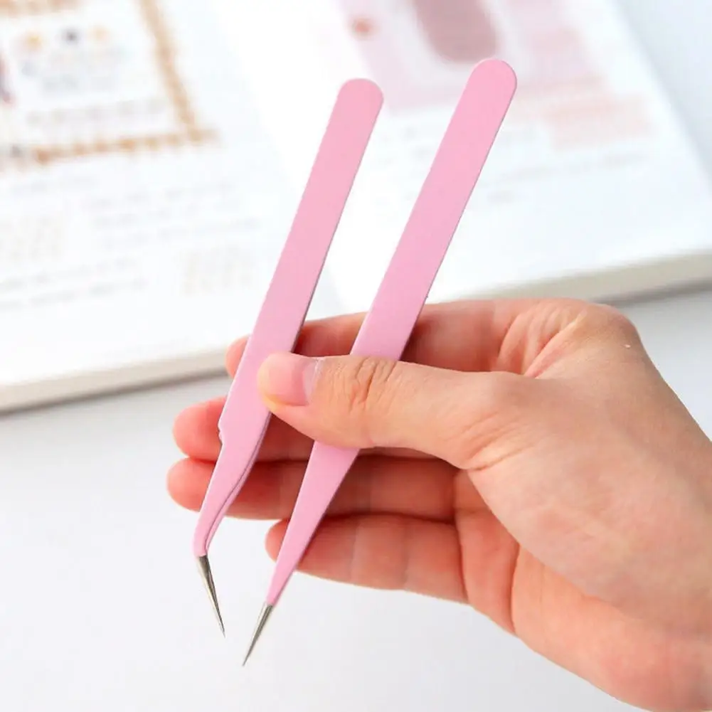 2Pcs Tweezer  Useful Metal Nail Art Sticker Straight Curved Tweezer  Lightweight Makeup Tweezer