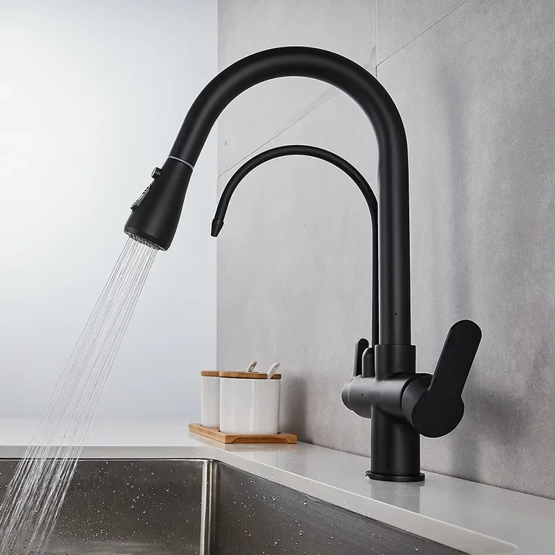 

Pull Out Kitchen Solid Brass Crane For Kitchen Deck Mounted Black Water Filter Tap Sink Mixer 3 Way Kitchen Faucet