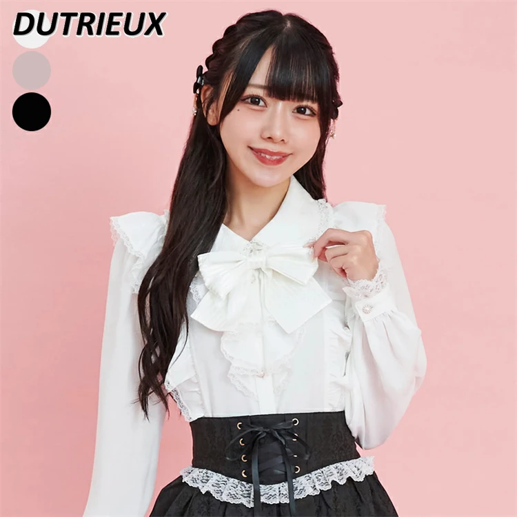 Japanese SC Mine Girl Sweet Long Sleeve Lapel Shirt Removable Butterfly Tie Lace Edge Tops Solid Color Versatile Blouse