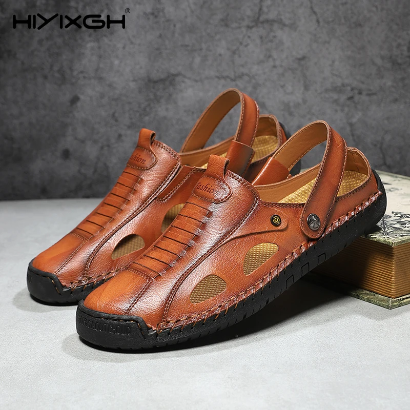 

Summer Men's Leather Roman Sandals Outdoor Beach Water Shoes Rubber Flip Flops Anti-slip Lightweight Hiking Slippers
