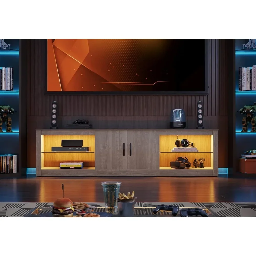 Suporte de TV LED de 70 polegadas para TV de 75 polegadas Grande centro de entretenimento para jogos com prateleiras de vidro ajustáveis Dois armários modernos