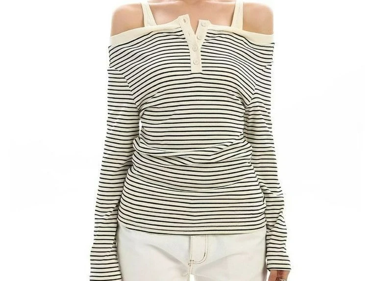 

Striped One-word Shoulder Long-sleeved T-shirt Early Autumn with Bottoming Shirt and Slim-fitting Top