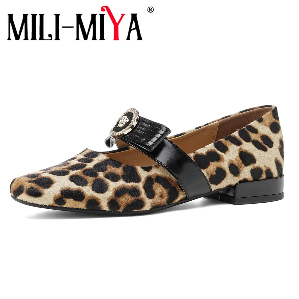 

MILI-MIYA Women's Leather Round-Toe Chunky Heel Pumps With Leopard Print Buckle Decoration Casual Shoes Handmade For Ladies