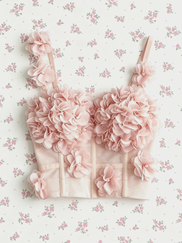 Women Hot Sweet Sleeveless Vest Sexy Backless Sweet Floral Straps Camis Short Top French High Street Chic Summer Clothing