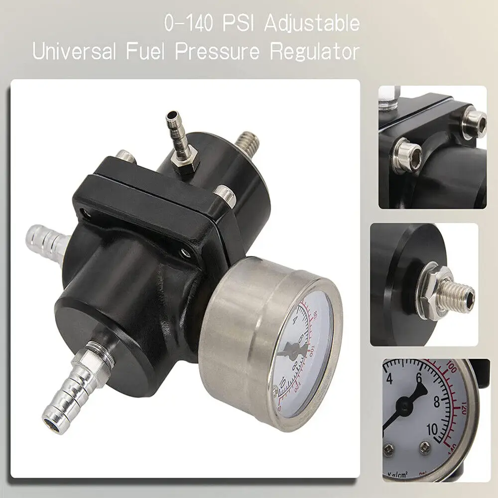 Aluminum Universal Adjustable Fuel Pressure Regulator + Gauge+ Fitting Kit Black