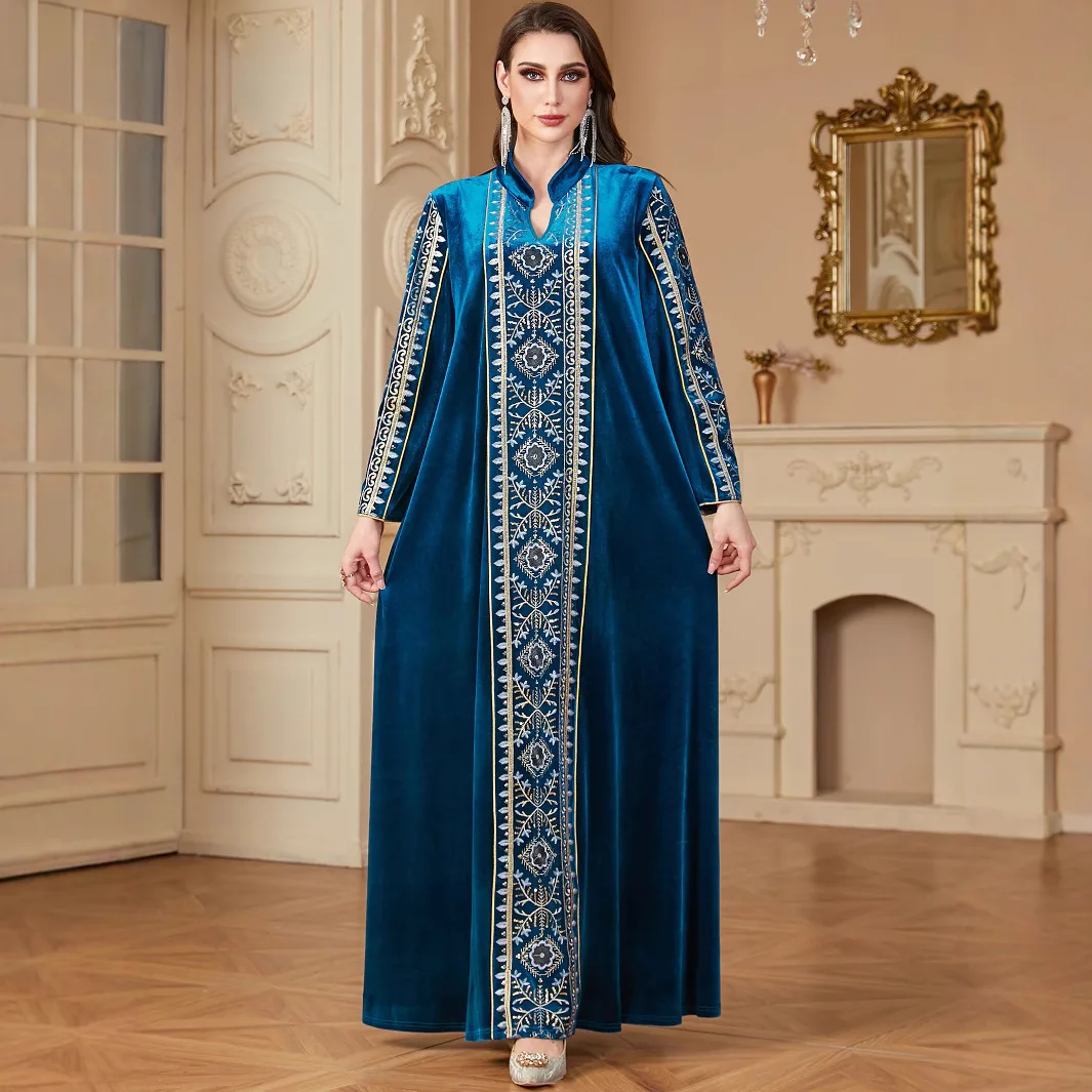 Ramadan Saudi Arabia Middle East Women's Robe Heavy Embroidery Splicing Muslim Luxury Fashion Dress V-neck Dubai Long Dress