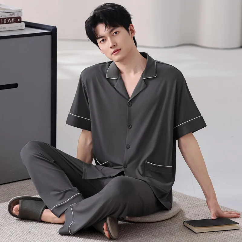 

Summer Men Modal Pajamas 2pcs Set Short Sleeve Open Front Cardigan Long Pants Breathable Loose Fit Nightwear 2026 New Style