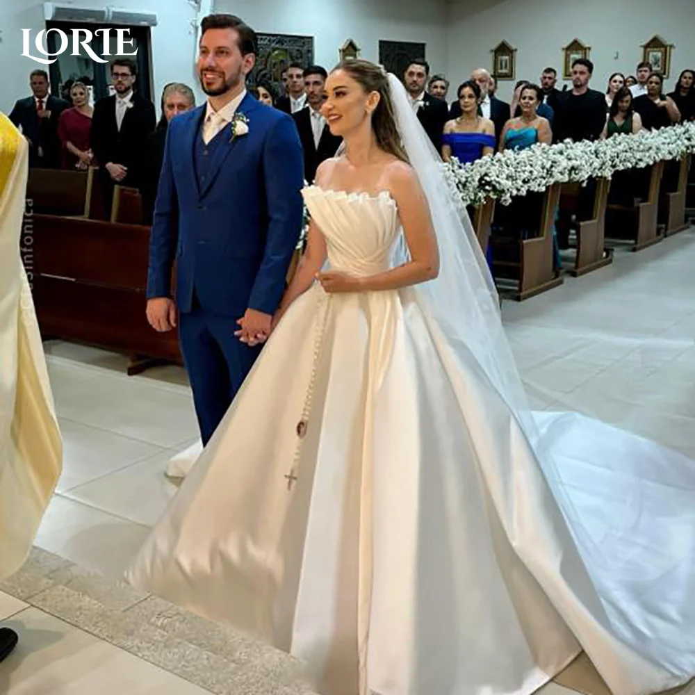 

LORIE Vintage Wedding Dresses Sweetheart Strapless Shiny Satin A-Line Ivory Bridal Gown Pleats Princess Bride Dress Customized