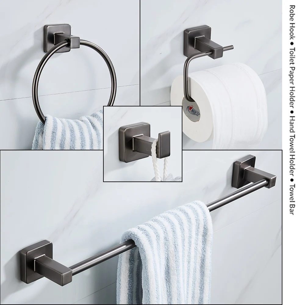 Grey Bathroom Hardware Set - Shelf Robe Hook Hanger Towel Rail Bar Rack Tissue Paper Holder Towel Rack - Complete Accessories