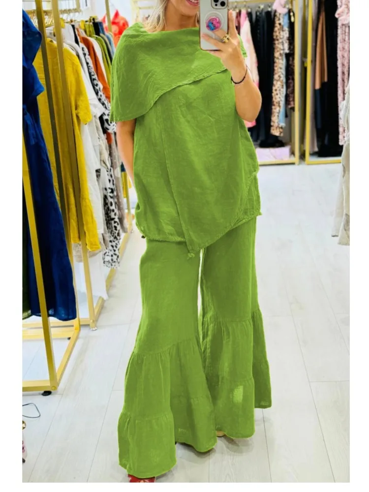 Moda feminina confortável casual solto terno primavera e outono elegante em torno do pescoço superior calças de deslocamento de perna larga conjunto de duas peças