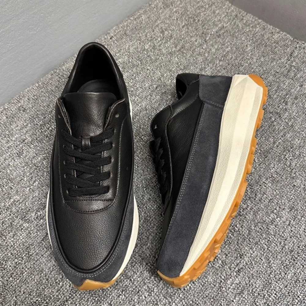 

QHCCID Handmade Cow Leather Vintage Work Shoes Thick Sole Fashion Lightweight Men's Casual Shoes Outdoor Hiking Sneakers