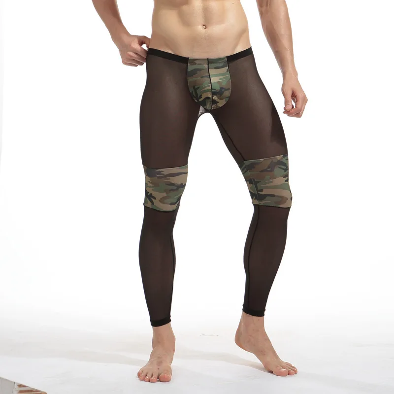 

Camouflage Mesh Thermal Underwear Bottoms Men's Bulge Pouch Body-shaping Long Johns Transparent Breathable Elastic Slim Leggings