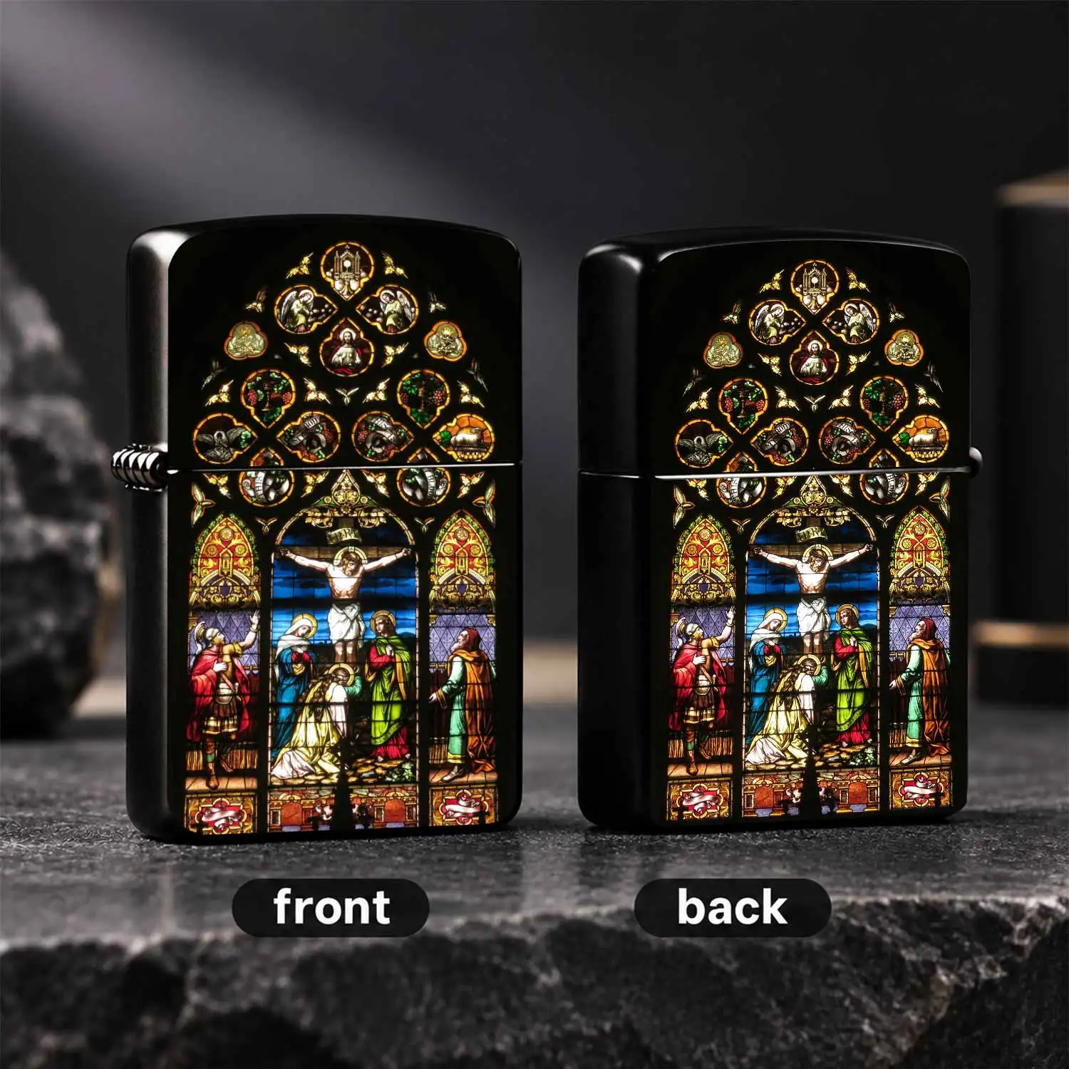 Vintage Stained Glass Crucifixion Scene Themed Lighter, Exquisite Artistic Religious Pattern Decorative Ornament, Portable Unique Collectible Gift, Suitable For Daily Use, Home Display And Various Occasions A Humorous And Interesting Lighte