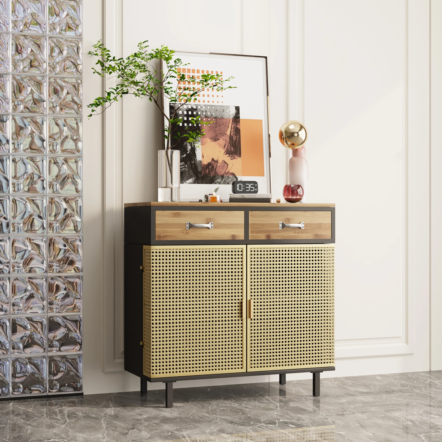 31.5'' Wide 2 Drawer Sideboard,Modern Furniture Decor,Made with Iron + Carbonized Bamboo,Easy Assembly,Gold