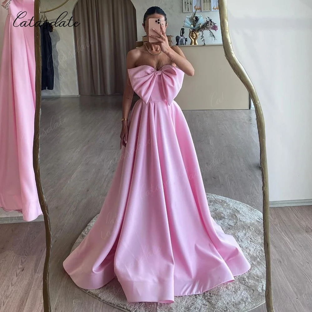 Catasdate Strapless Evening Dress with Big Bow A Line Party Dress for Women Elegant Wedding Party Dresses Prom Dress 2024