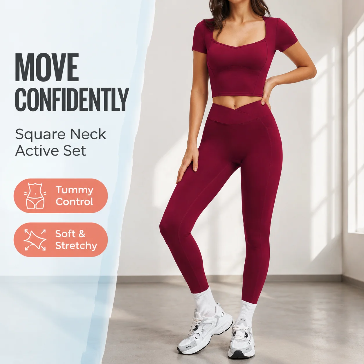 Women's Square Neck Short Sleeve Top & V-Waist Leggings Set - Tummy Control Buttery Soft Yoga Gym 2-Piece Suit, Multiple Colors,