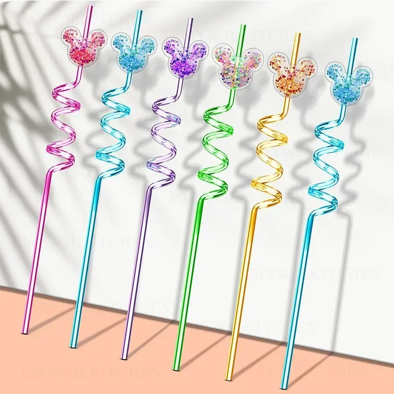 6pcs 26cm Cartoon Mouse/love/crown Plastic Helical Drinking Straws Wedding Birthday Party Decor Reusable Eco Straw Kid Straws