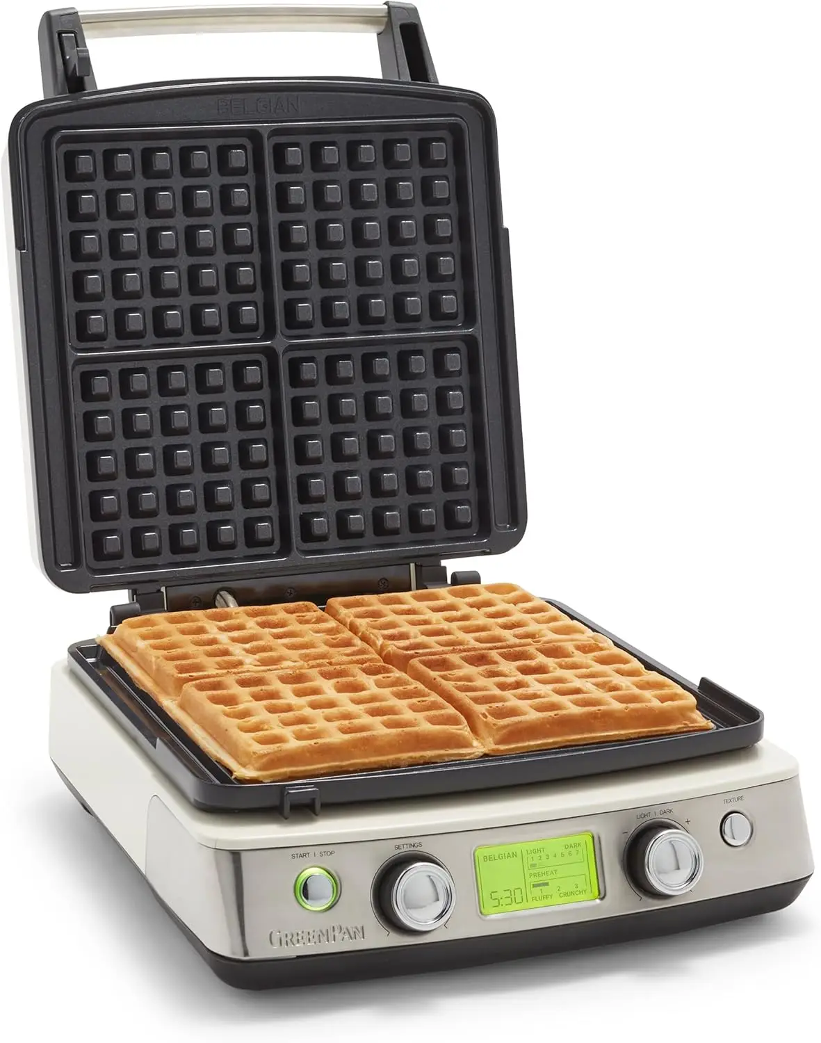 Waffle Iron, Healthy Ceramic Nonstick Aluminum Dishwasher Safe Plates, Adjustable Shade/Crunch Control, Wont Overflow,