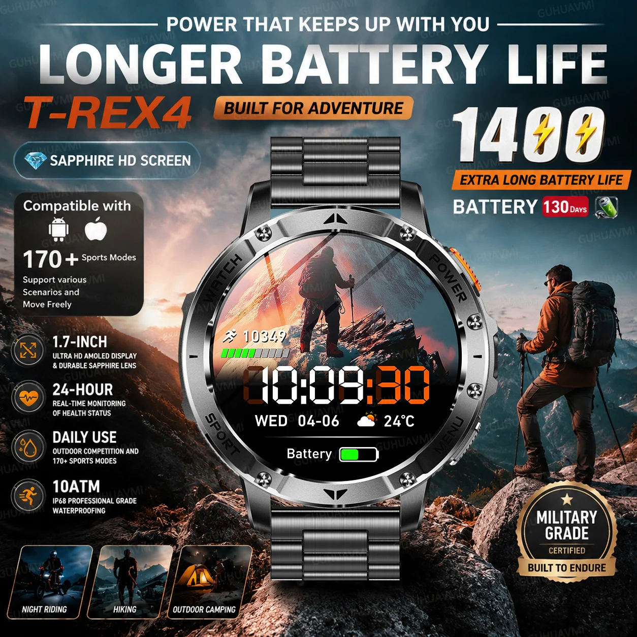 2026 신형 군용 탱크 1400mAh 배터리 스마트워치 IP68 방수 LED 손전등 심박수 스포츠 트래커 SOS 스마트워치 남성용