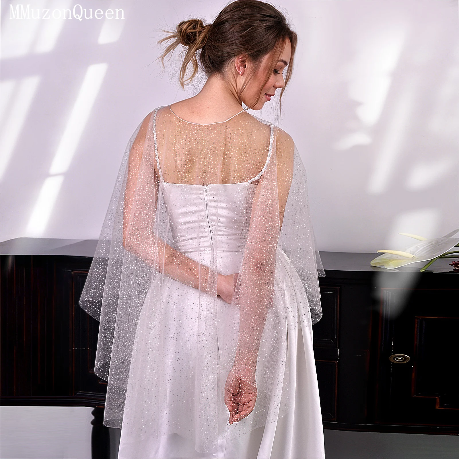 

TOPQUEEN Искрящая фата для невесты, свадебная шаль спереди, короткая и сзади, длинные элегантные куртки, свадебное женское болеро в готическом стиле «сделай сам», VG75