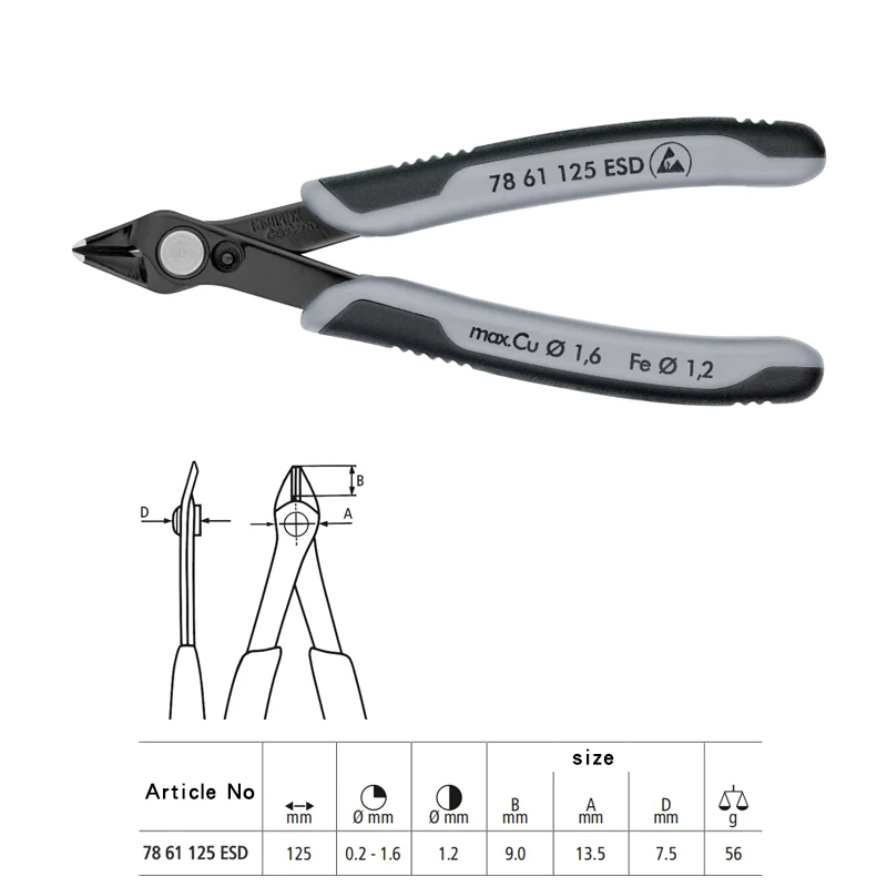 Knipex 78 61 125 ESD Electronics Super Knips-ESD Handles Diagonal Cutter with Opening Spring Dissipative