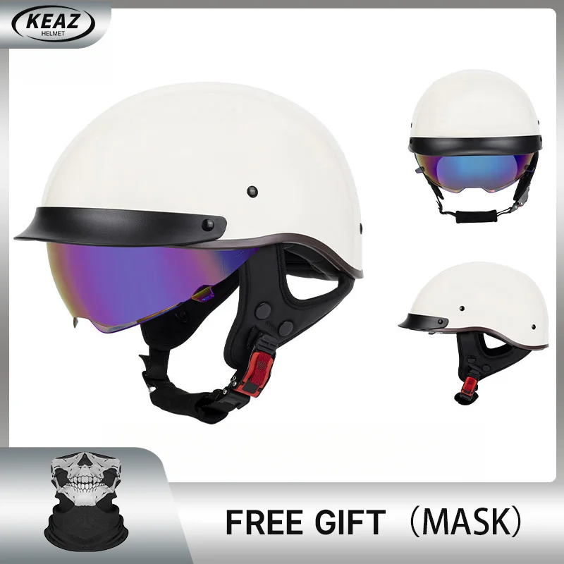 

Glossy White Retro Half Helmet For Motorcycle Quick Release Buckle Adjustable Strap Comfortable Breathable Helmets For Men Women