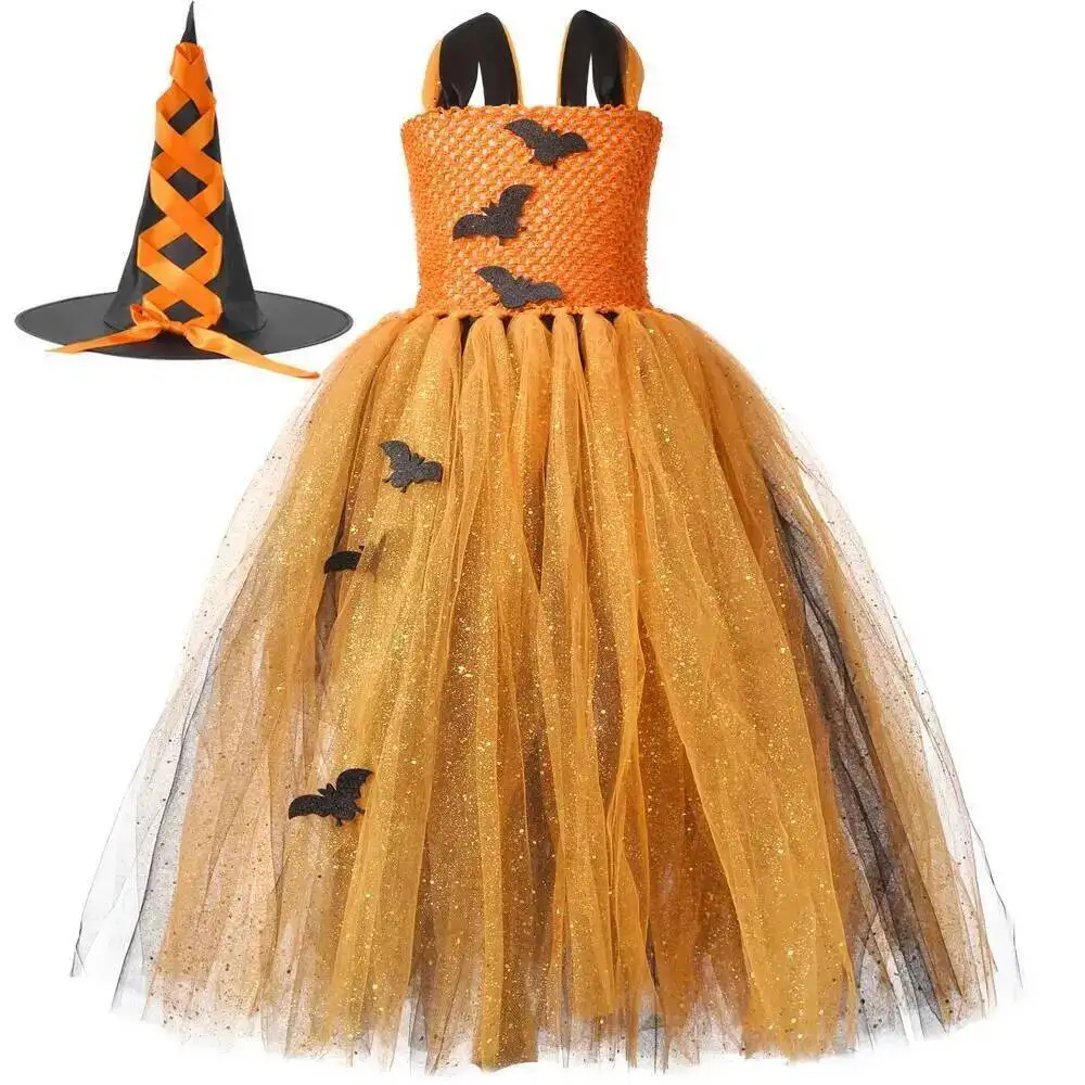Sparkly Bat Halloween Costumes for Girls Spooky Pumpkin Bat Witch Long Tutu Dress Kids Carnival Party Fancy Outfit with Headband