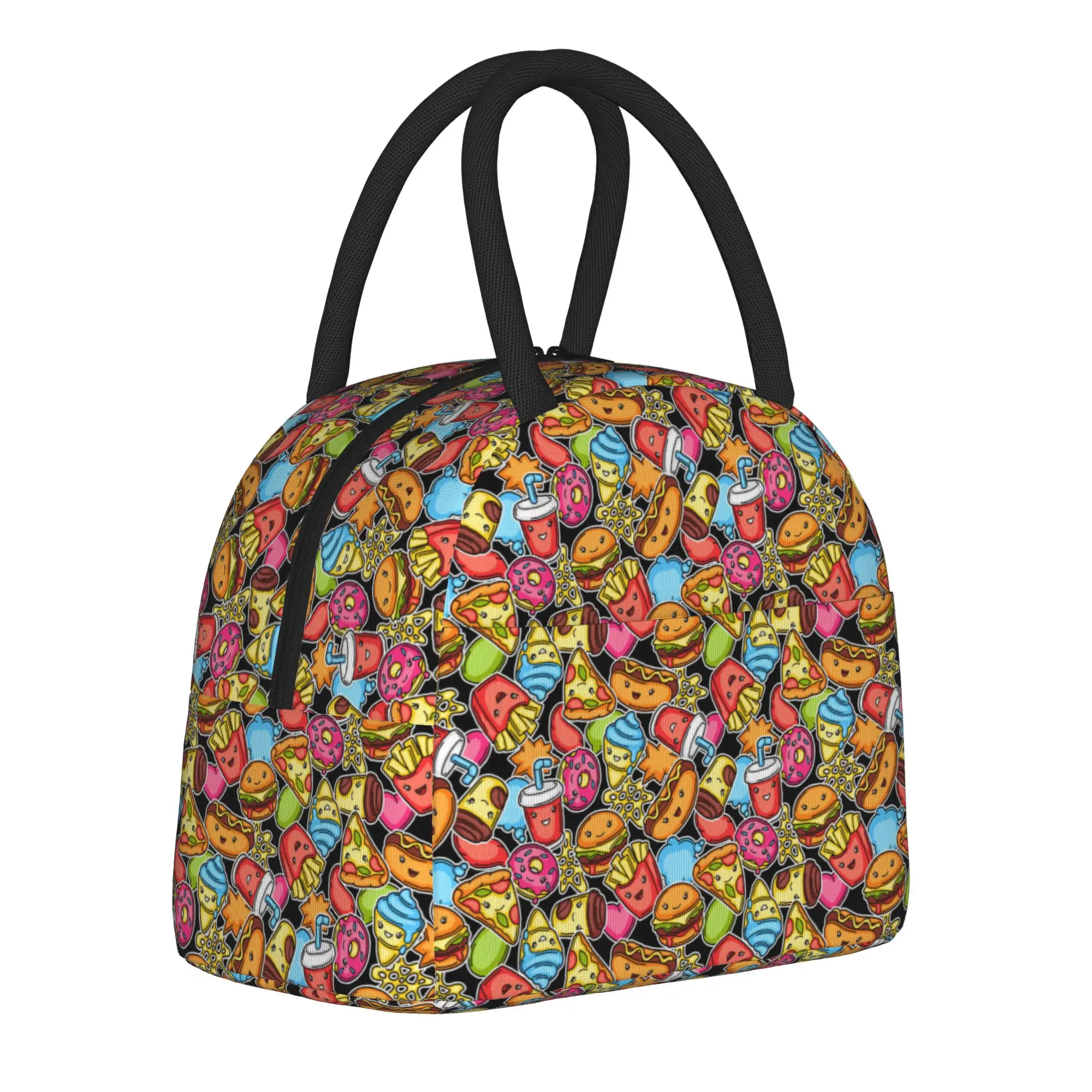

cute kawaii fast food meal print Lunch Bag Retro Lunch Box Picnic Portable Zipper Thermal Lunch Bags For Women Oxford Cooler Bag