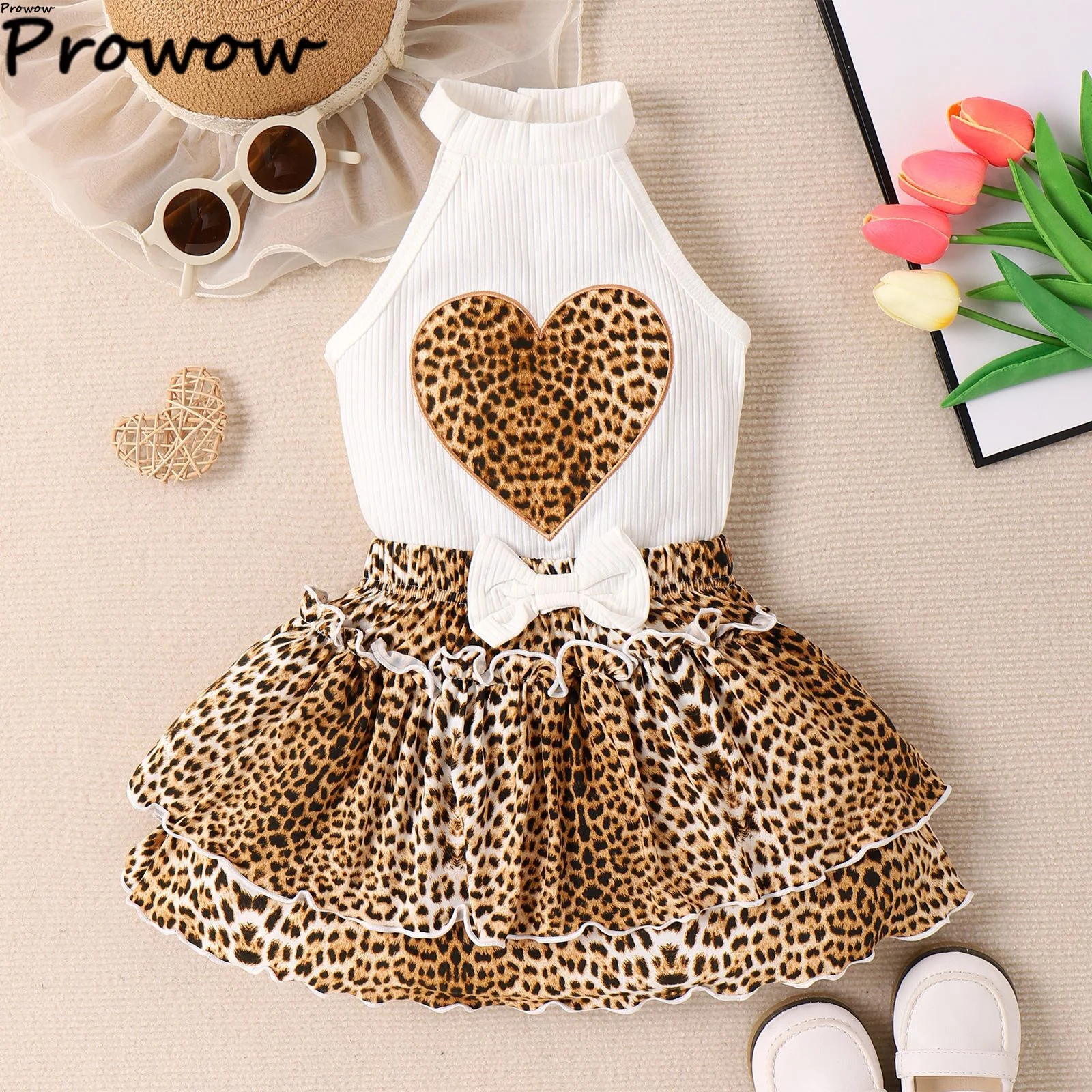 4-7Y Kids Clothes Girls Outfit Sets Halter Heart Tank Top and Leopard Cake Skirts Fashion 2pcs Summer Set For Girls Children