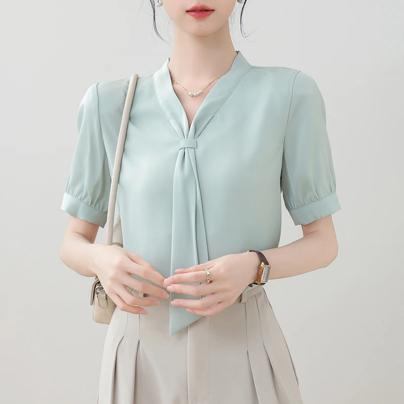 

New Short Sleeve V-Neck Women Blouse Casual Office Lady Chiffon Blouse Shirt Women Tops Blusas Mujer De Moda 2024 Verano J425