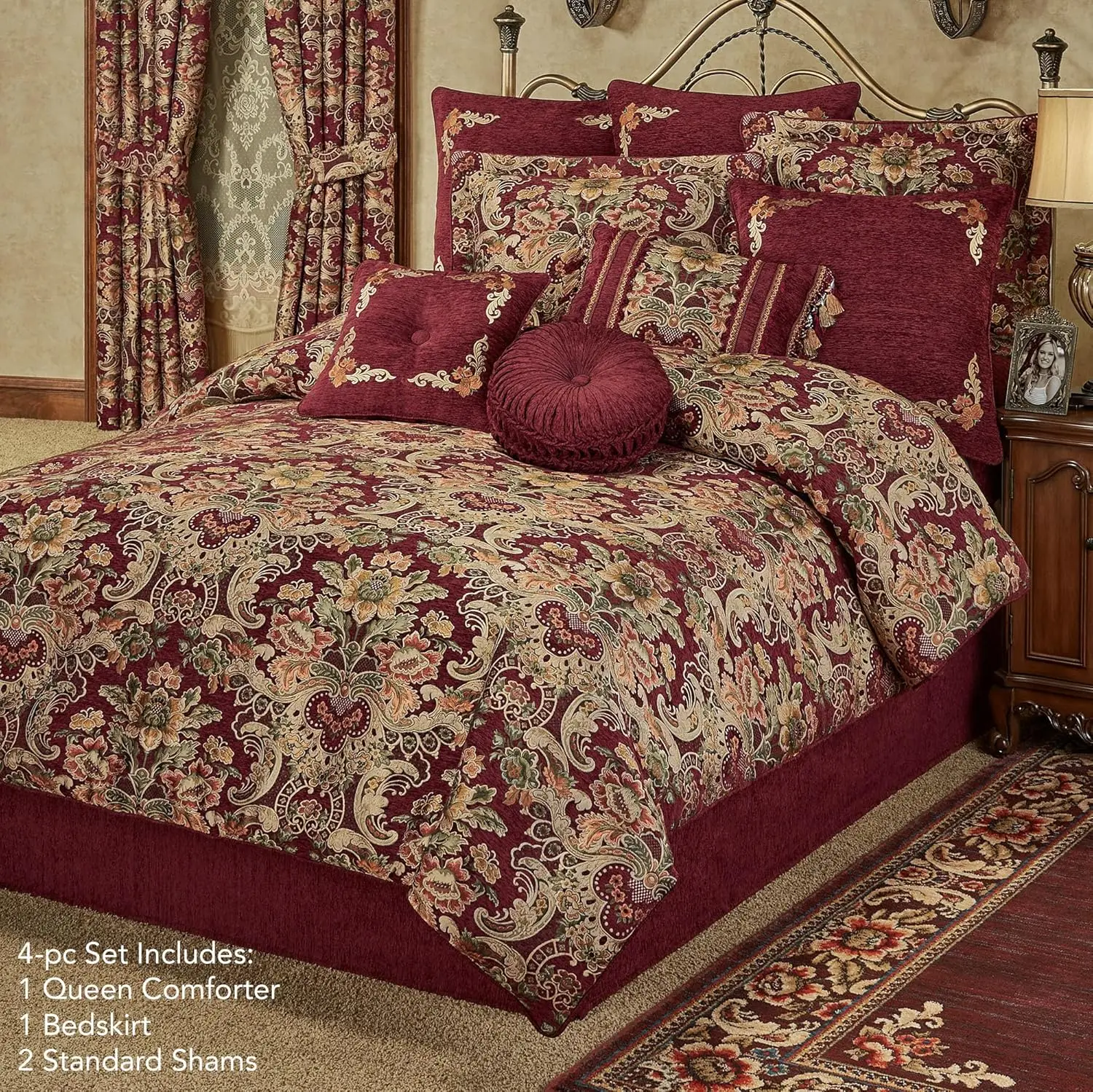 Tosca Chateau Traditional Luxury Bedding | Warm, Soft Burgundy Red Chenille | Colorful Woven Jacobean Florals | 4 Piece Bed Set