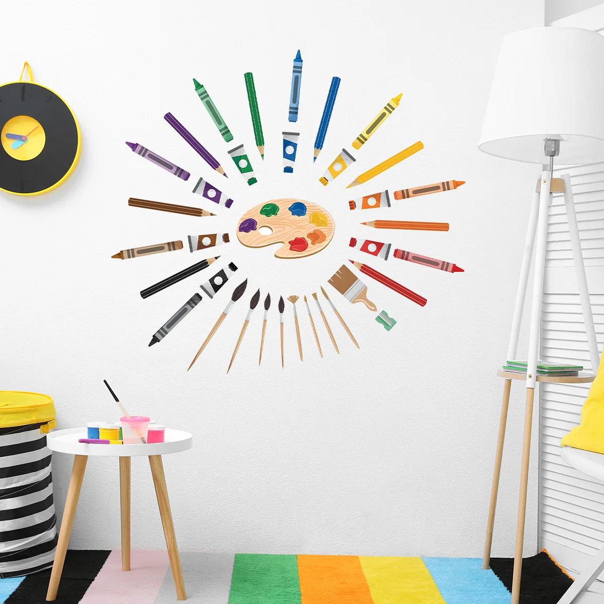 Colorful Art Supplies Crayon Wall Decal Watercolor Artistic Crayons Pigment Pens Color Palette Wall Sticker for Art Room Decor