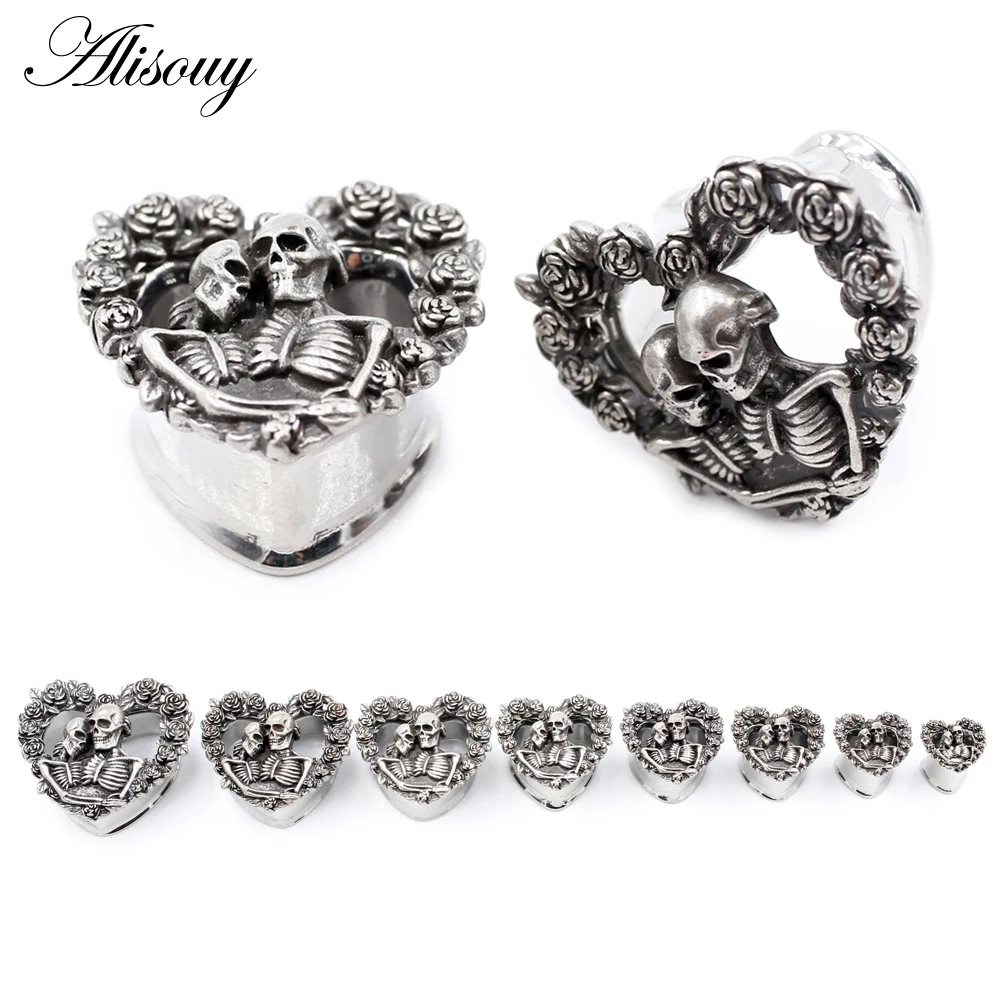 Alisouy 2PCS Retro Stainless Steel Skull Rose Flower Heart Ear Plugs Tunnels Expander Stretchers Gauges Piercing Body Jewelry