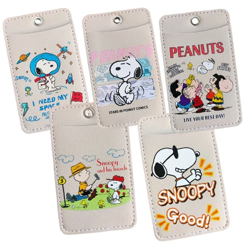 Portatarjetas Snoopy, doble posición de tarjeta, funda protectora de cuero PU, tarjetero de identificación de autobús de dibujos animados, funda de almacenamiento para tarjetas de campus para estudiantes