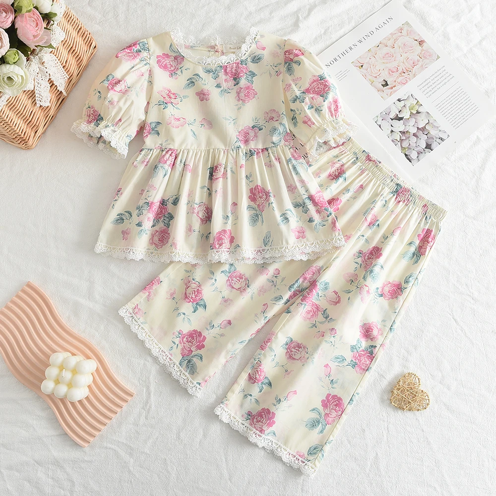 

Summer New Classic Flower Printed Girl's Casual Clothes Round Neck Bubble Sleeves Lace Top+Pants Two Piece Set Birthday Party
