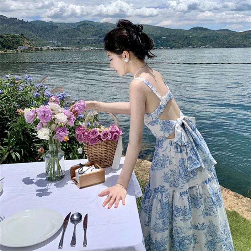 Neue Frauen chinesisch blau Blumen Slip Kleid Sommer Fliege elegante lässige Träger Kleid Urlaub Party lange Landebahn Vestidos