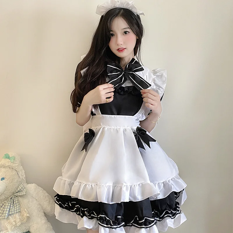 Cosplay Kostuums Zwart Meid Schattige Strik Knoop Anime Gothic Lolita Plus Size Japanse Kawaii Feestjurk Zwart Wit Koffie Serveerster