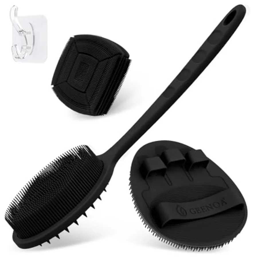 Silicone Back and Face Scrubber and Bath Glove Set 3PCS, 13.4'' Gentle Back Scrubber with Dual-Side Head, 360 Anti-Slip Bath G