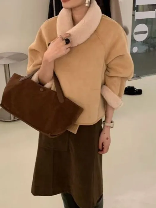 معطف فروي نسائي أنيق بتصميم كلاسيكي دافئ من الجلد والفرو وياقة كورية من ألياف البوليستر ملابس خارجية شتوية