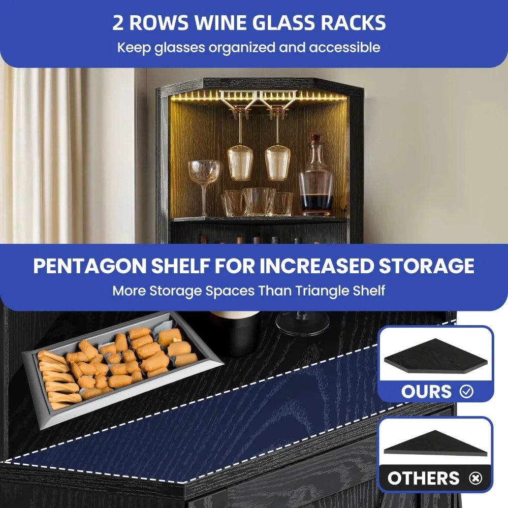 Szafka narożna barowa 67 cali drzwi szklane na alkohol stojaki na wino LED drewniane półki