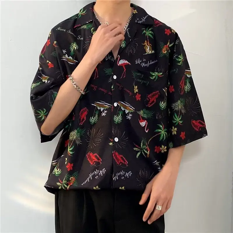 

2023 New Cuban Collar Short Sleeve Men's Shirt Summer Beachy Handsome Hawaiian Shirt Loose Fit Youthful Style Thin Fabric