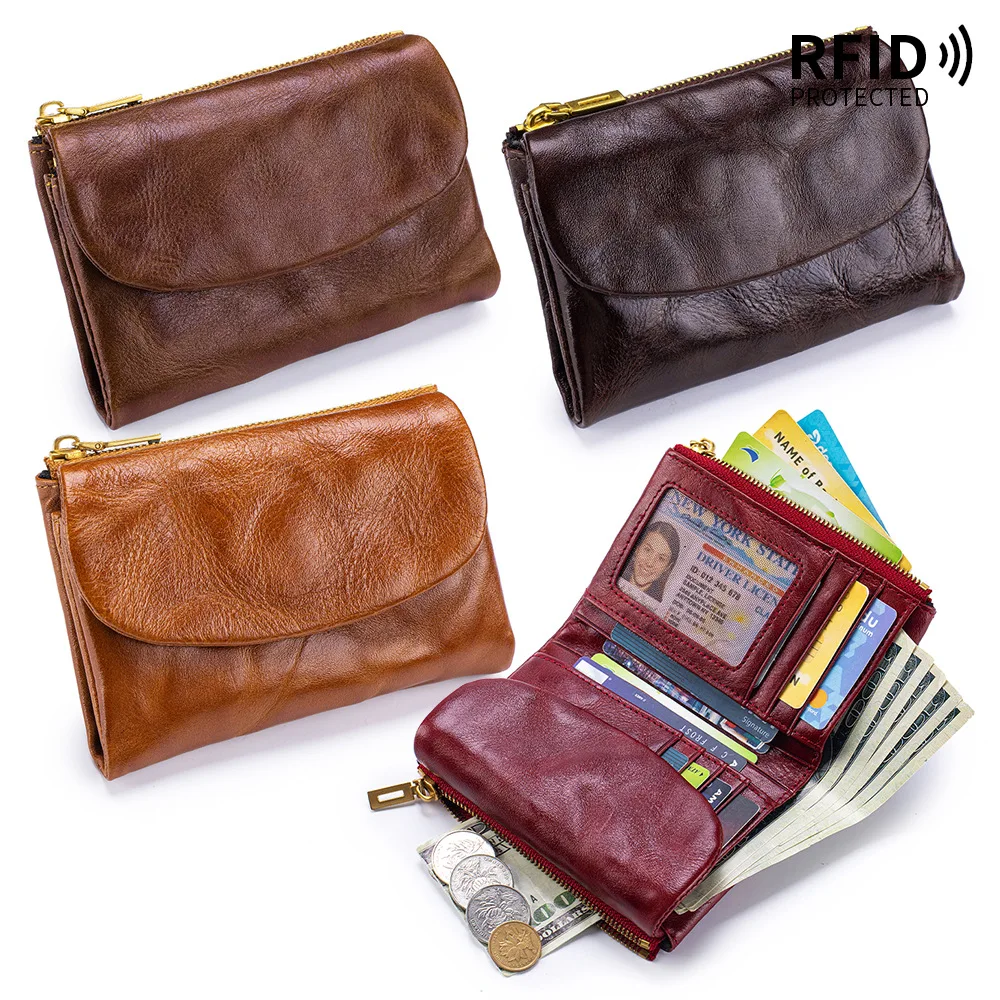 Small Wallets Short Genuine Leather RFID Credit Card Holder Luxury Clutch Trifold Purse for Women with Magnetic Closure